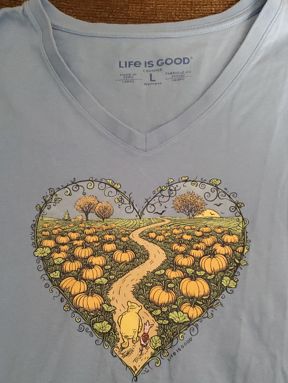 Life Is Good Light Blue V-Neck Tee with Pumpkin Patch Heart Winnie the Pooh.
